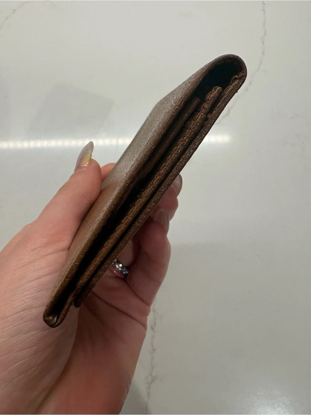 Valentino Garavani Brown Pebbled Leather Card Holder with Embossed V Logo